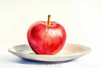 Close-up watercolor painting of a single red apple on a plate.