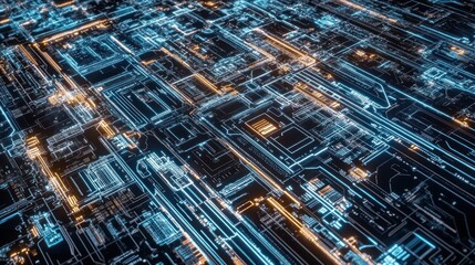 Illuminated circuit board with glowing lines and detailed components depicted