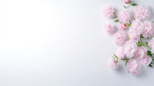 Delicate pink flowers arranged on a pristine white background, minimalist floral composition, soft pastel colors, and elegant and serene setting.