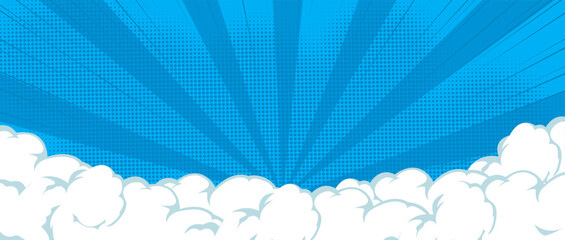 comic blue banner background with cartoon clouds and dot halftone