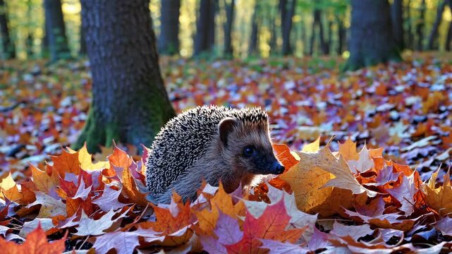 A hedgehog in autumn leaves, captured at ground level. The vibrant colors and natural setting evoke a cozy, nature-themed video style.