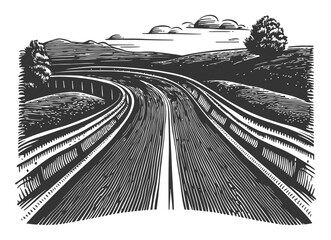 Fototapeta premium Hand-Drawn Illustration of a Winding Road Through Scenic Landscape