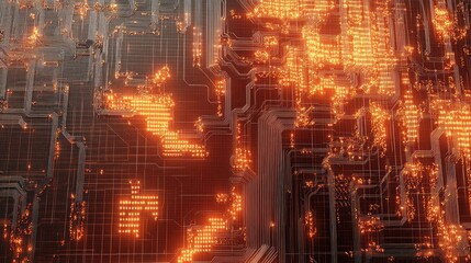 A complex digital circuit with glowing orange illuminated elements