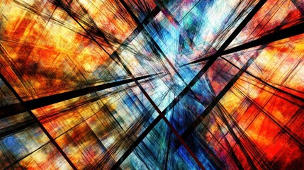 An abstract composition features various colorful angular shapes in the image