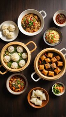 An Assortment of Steamed Dumplings, Noodle Dishes, and Sauces, Showcasing a Variety of Textures and Flavors in Asian Cuisine.