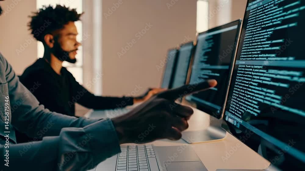 Aufkleber Software developers collaborating intensely, analyzing code on computer screens during late night project work in dimly lit office environment