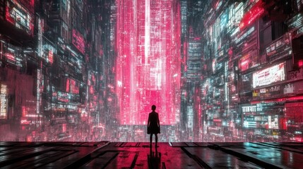 A lone figure stands before a vibrant digital cityscape scene