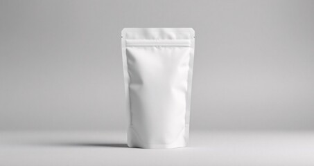 White matte standing pouch mockup isolated on soft gray background with clean diffused studio lighting, ideal for minimalist branding and packaging design.