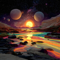 Fototapeta premium Alien Planet Sunset Glowing River Rocks Fantasy Landscape