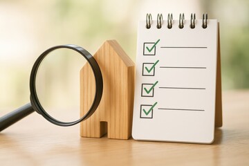 Real Estate Due Diligence Checklist with Wooden House and Magnifying Glass Depicting Inspection and Important Items