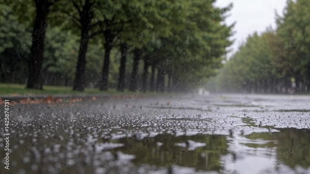 Poster raindrops creating circular ripples and reflections within puddles on wet asphalt road, revealing na