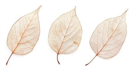 Fototapeta premium Three delicate, light beige dried leaves