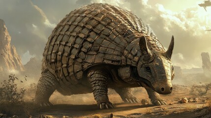 Giant armored creature desert landscape prehistoric wildlife game art