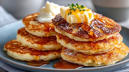 Fluffy American Pancakes Stacked with Maple Syrup and Butter Topping