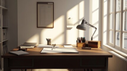 A minimalist workspace with a large desk, simple stationery, and a minimalistic lamp, set against clean white walls and ample natural light