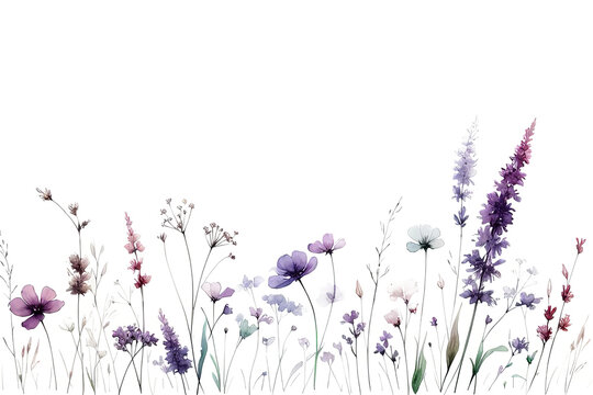 Flores silvestres en tonos pastel sobre fondo blanco para dise&ntilde;o minimalista y papeler&iacute;a elegante. 