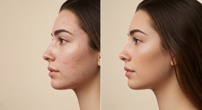 Before and after comparison of young woman with acne treatment on beige background in profile view. Skincare transformation. Dermatology, beauty. Acne solutions, skin clearing, blemish removal