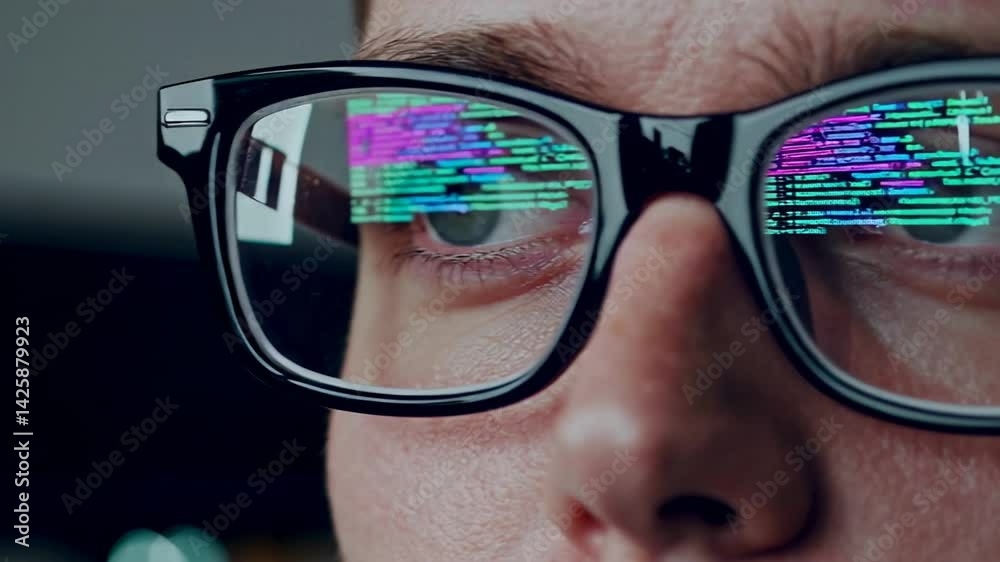 Aufkleber Programmer working intently with glowing screen, lines of code reflecting intensely on glasses while focusing deeply in dimly lit workspace