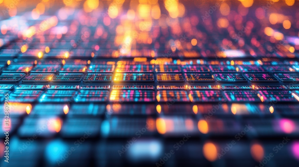 Poster abstract close-up of a futuristic digital grid with glowing multicolored data streams and bokeh effe
