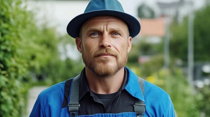 Man in blue work clothes outdoors