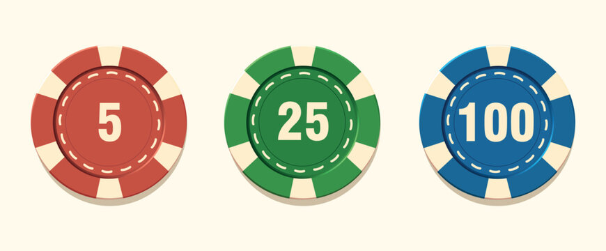 Three casino poker chips with denomination. Bright vector design of gambling chips in red, green, blue colors isolated on white background. Ideal for casino icon design projects, slot machines, roule