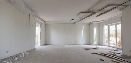 New house extension, drywall installation in progress, interior, property, renovation
