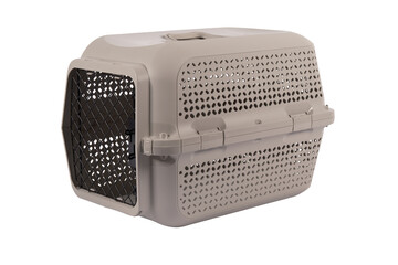 Blue plastic pet carrier with ventilation slats and an open wire door, portable travel crate for cats, small dogs, and small pets, isolated on white background.