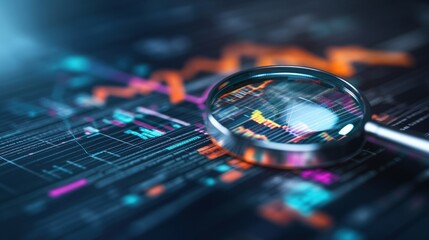 A magnifying glass on complex digital display showcasing vibrant multicolored graphs and charts for data analysis or market research insights today