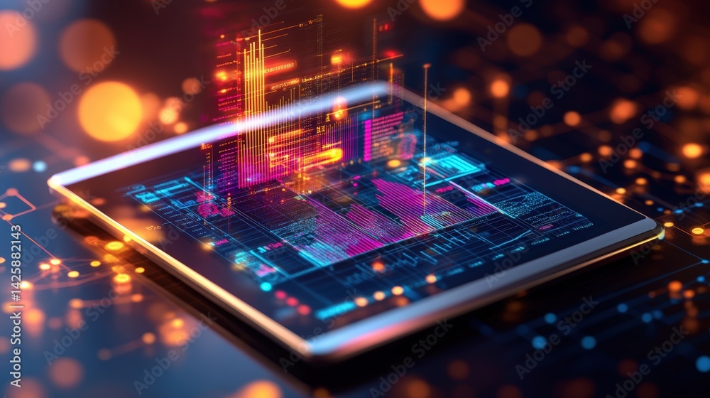 Poster a digital tablet showcases a vibrant and intricate three-dimensional holographic display of complex 