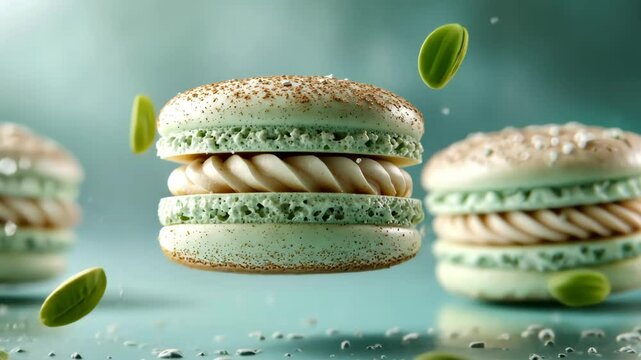 Delicious green macarons floating in a whimsical display high above a smooth surface