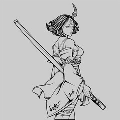 samurai girl vector illustration in black and white color