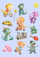 Kid dinosaur, adorable cute sticker sheet with toy in colorful water color style, blue background