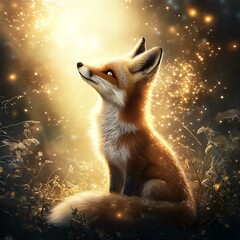 Obraz premium A majestic fox illuminated by magical sparks in a serene natural setting.
