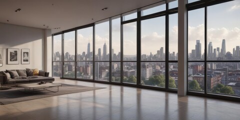 Sleek modern apartment, panoramic city view from large window,  sophisticated,  building
