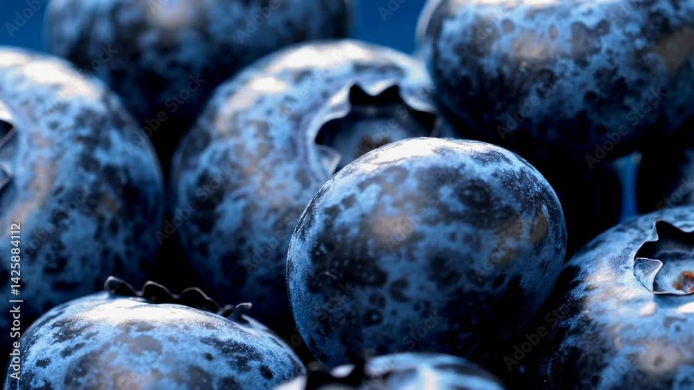 Poster Multiple close up shots gradually zoom in on a pile of fresh. Plump blueberries. Emphasizing their vibrant color and texture. Ideal for showcasing healthy eating habits and promoting a balanced diet