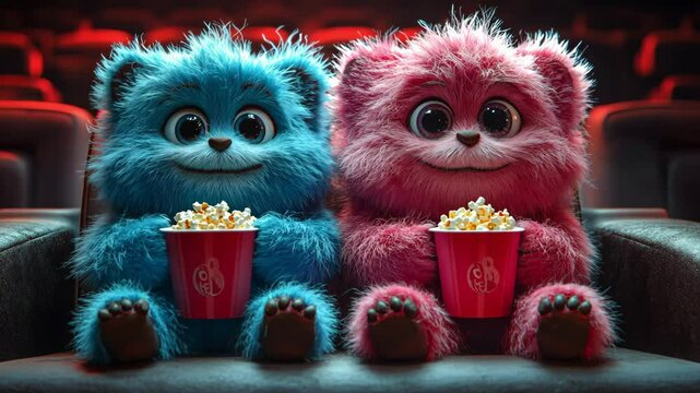 Cute furry characters enjoy popcorn together in a vibrant cinema setting during a fun movie night