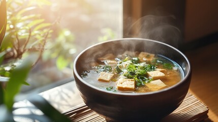 A cozy morning setting with a steaming bowl of miso soup and fresh tofu.