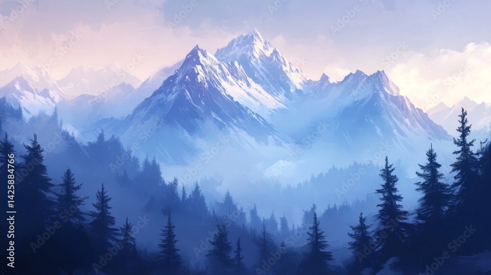 Aufkleber a peaceful scene of a high mountain range with mist rolling over the peaks, creating a mystical atmo
