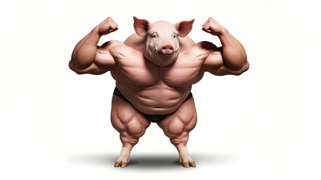 Muscular pig flexing its muscles against a plain background  