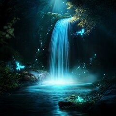Obraz premium A serene waterfall surrounded by lush greenery and glowing butterflies at twilight.