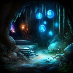An enchanting cave illuminated by glowing orbs, creating a mystical underground ambiance.