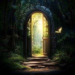 Fototapeta premium Enchanting doorway to a mystical forest illuminated by warm sunlight and butterflies.