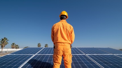 Technician on solar panel rooftop