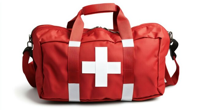 Bright red first-aid emergency bag featu a prominent white cross symbol on its front set against a clean and minimalistic white background design