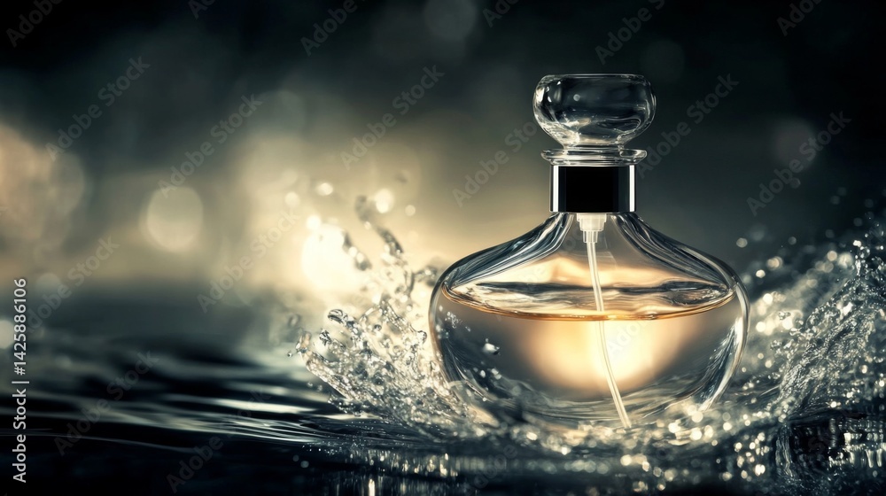 Fototapete a perfume bottle with a sleek design, surrounded by abstract elements and soft lighting, highlightin