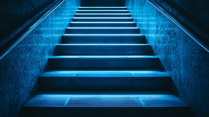 Fototapeta premium Blue Neon Staircase: Ascending into the Unknown