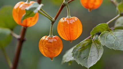 Close-up of vibrant orange, translucent physalis fruits hanging on branches.