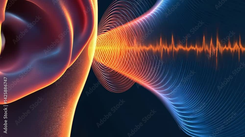 Poster sound waves in orange and blue penetrating ear canal, visualizing hearing process and sound percepti