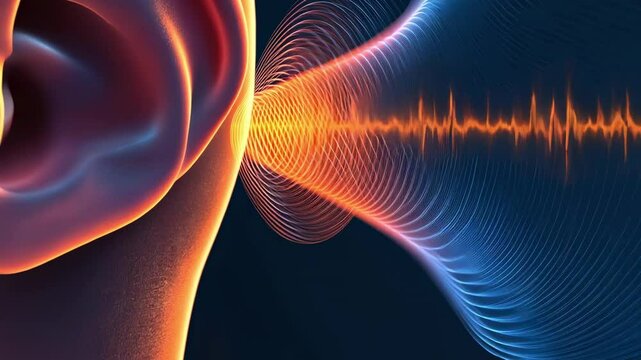 Sound waves in orange and blue penetrating ear canal, visualizing hearing process and sound perception through detailed anatomical digital animation