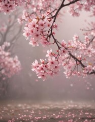 Delicate pink sakura petals drift down, softly blurring the background spring blossoms , visual, petals, texture
